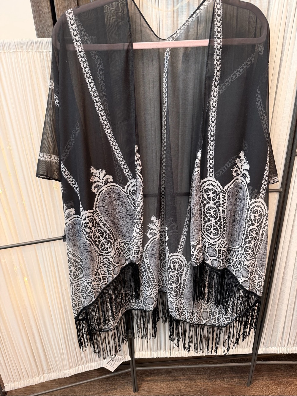 Source Unknown Black Sheer Fringe Kimono with White Lace Motif